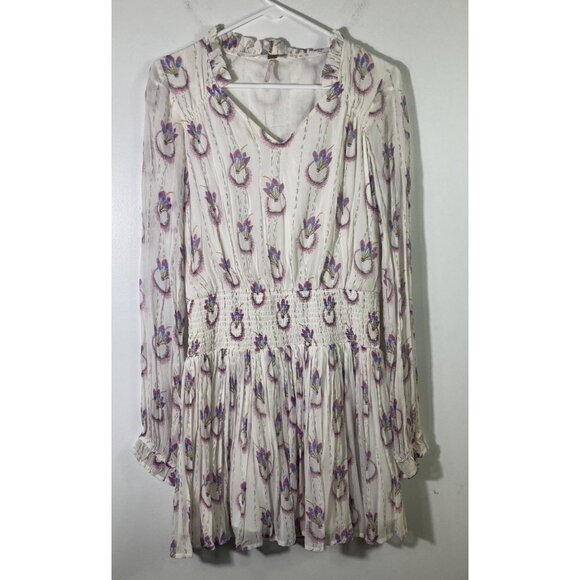 Womens Free People Wild Horses Smocked Boho Dress Sheer Sleeve‎ White Pink S - Picture 1 of 10
